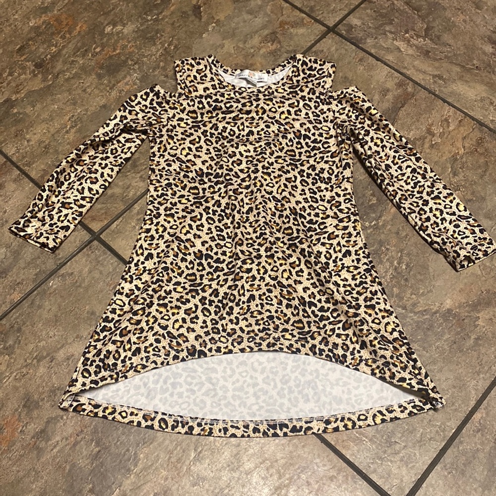 Leopard Print Cold-Shoulder Kids Dress - Tan/Black